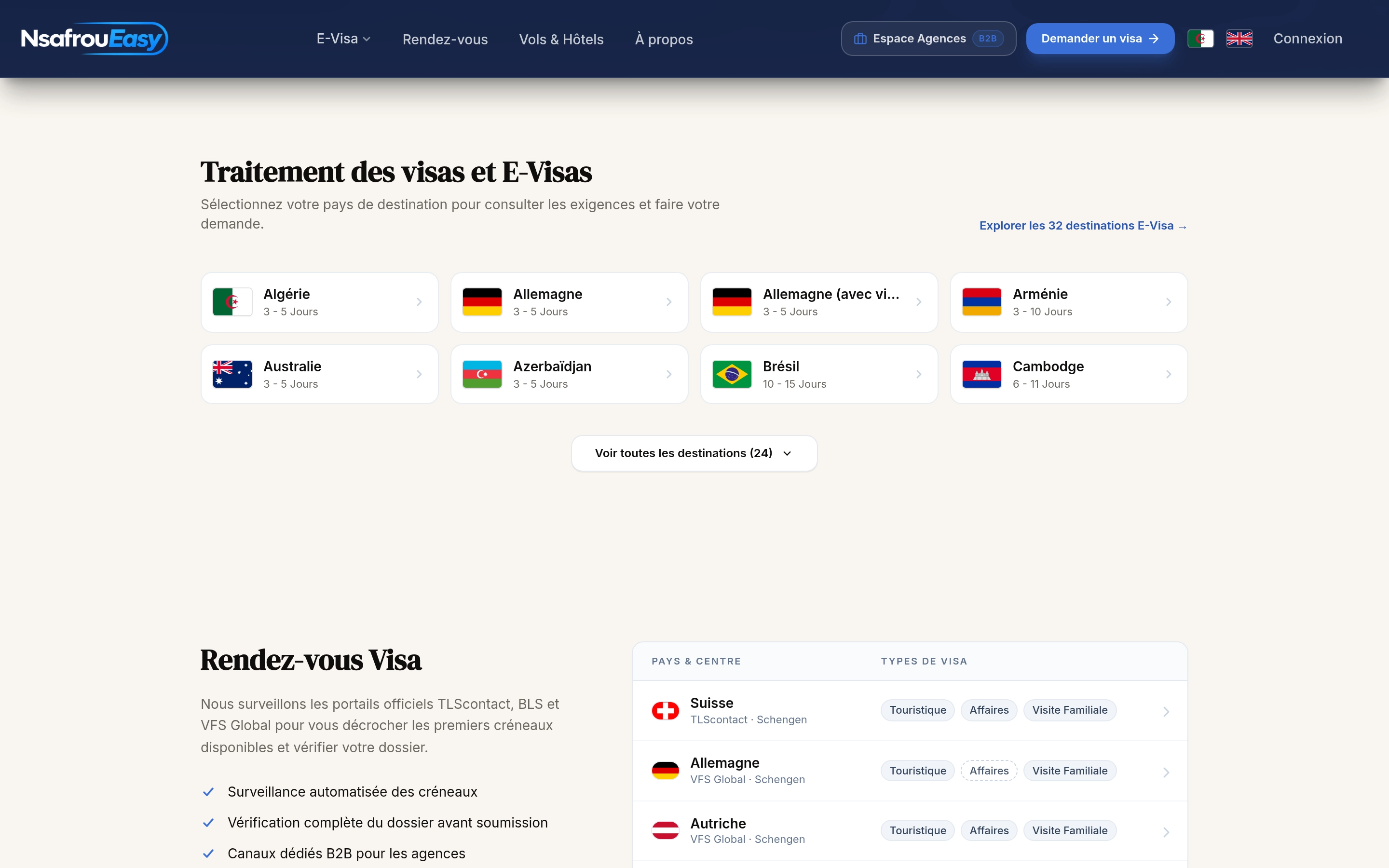 Catalogue des destinations e-visa et table des rendez-vous TLS, BLS et VFS.